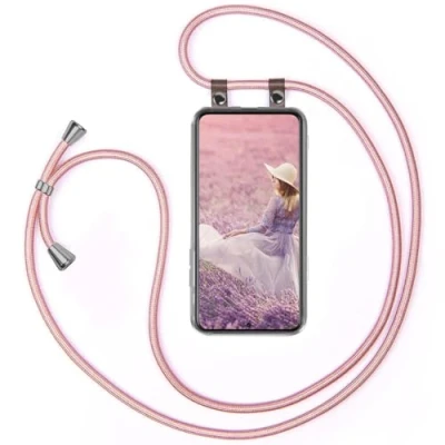 Abbildung von moex Handykette kompatibel mit Samsung Galaxy S21 Plus Hülle Band Längenverstellbar, Handyhülle zum Umhängen, Silikon Case Transparent Kordel Schnur abnehmbar in Rosegold