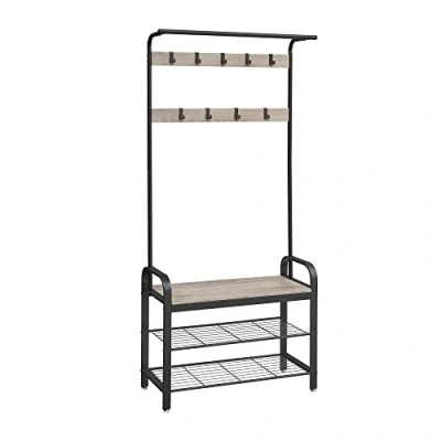 Abbildung von VASAGLE Kleiderständer, Garderobe, Eingangsmöbel, mit abnehmbaren Haken, Bank und Schuhregal, Höhe 183 cm, Metallrahmen, industrieller Stil, Graubraun Schwarz HSR400B02