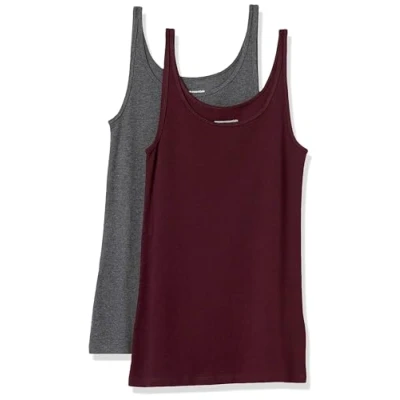Abbildung von Amazon Essentials Damen Schmal geschnittenes Tanktop mit dünnem Trägern, 2er Pack, Burgunderrot/Dunkelgrau Meliert, XS