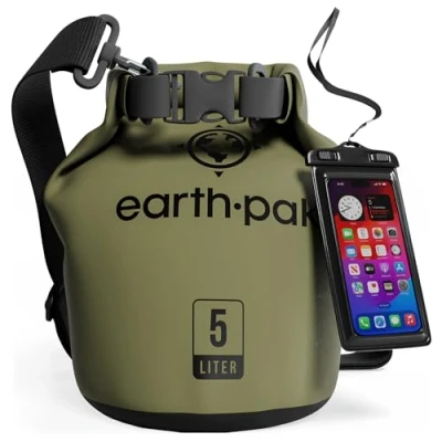 Abbildung von Earth Pak Wasserdichter Packsack mit Schultergurt und wasserfester Handyhülle Ideale Rolltop Tasche beim Kajak Fahren, Wandern, Camping, Angeln, Bootfahren Rafting (Waldgrün, 10L)