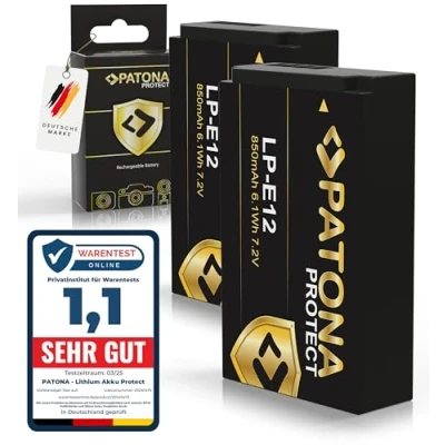 Abbildung von PATONA 2X Protect LP E12 Akku 850mAh Ersatzakku kompatibel mit Canon EOS 100D Rebel SL1 M M2 M10 M50 M100 M200 2 10 50 100 200 PowerShot SX70 SX 70 HS Battery Pack LPE12 LPE 12