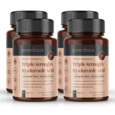 Abbildung von Hyaluronsäure Tabletten 300mg x 720 Stück (4 Flaschen mit je 180 6 Monate Vorrat). Dreifache Stärke Hyaluronsäure. 300% stärker als andere HLA