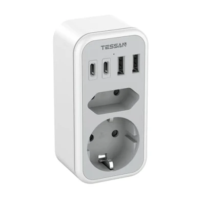 Abbildung von TESSAN Doppelstecker für Steckdose, Steckdosenadapter mit USB C, Mehrfachstecker Steckdose 3600W, Doppelsteckdose Phone und Haushaltsgeräte, Mehrfachsteckdose 4 USB, Grau