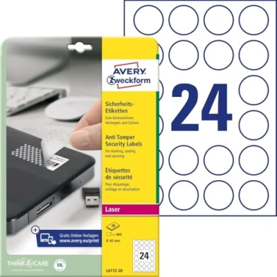 Abbildung von AVERY Zweckform L6112 20 Sicherheitsetiketten (480 Folienaufkleber, Ø40mm auf A4, stark selbstklebend, fälschungs /manipulationssicher Sicherheitsfolie, bedruckbare Klebefolie) Blatt, weiß