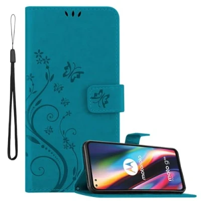 Abbildung von Cadorabo Hülle kompatibel mit Motorola Moto G 5G Plus Blumen Design aus Premium Kunst Leder Flip Klappbare Stoßfeste Magnetische [Standfunktion] [Kartenfächern] Cover Case Tasche in Blau