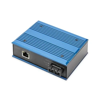 Abbildung von DIGITUS industrieller Gigabit Medien Konverter 1x RJ45, SC Duplex 850nm Multimode Dual Faser 0,5 km Reichweite 10/100/1000 Mbps Hutschienenmontage schwarz/blau