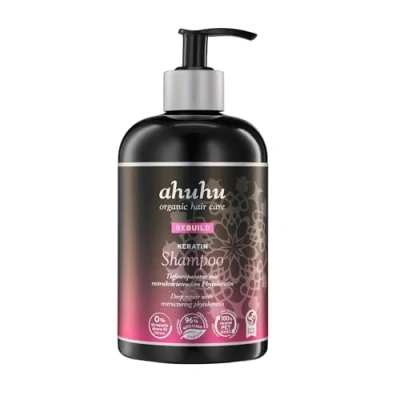 Abbildung von ahuhu REBUILD Keratin Shampoo XXL (500 ml) restrukturierende Haar Aufbaupflege mit pflanzlichem Phytokeratin &amp; Granatapfel, dringt tief ein baut das von innen wieder auf, vegane Haarpflege