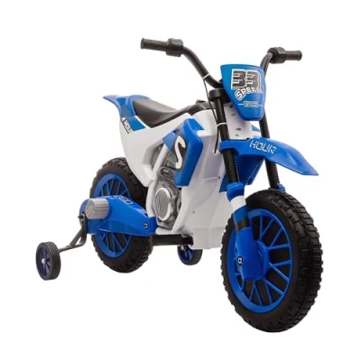 Abbildung von HOMCOM Elektro Kindermotorrad Elektrofahrzeug mit 2 abnehmbaren Stützrädern ab 3 Jahre Blau+Weiß, Belastbarkeit 30 kg, (1 tlg), 106.5L x 51.5B 68H cm