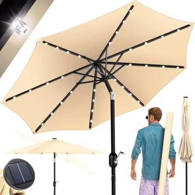 Abbildung von KESSER® Sonnenschirm Balkonschirm Rund LED Solar mit Kurbel Inkl. 2in1 Schutzhülle, Gartenschirm, Schirm Ø 265 cm für Balkon Garten &amp; Terrasse verstellbar knickbar Beige