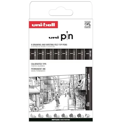Abbildung von Uni Ball Stiftetui, 8 Stück, kalibrierte Marker, 0,05 bis 1,2 mm, Schwarz, Set Classic II