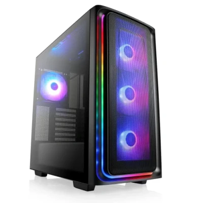 Abbildung von Gaming PC Gehäuse TRIBUS Midi Tower, aRGB Beleuchtung (inkl. Steuerung), Glas Seitenteil, vormontierte Lüfter, E ATX, Micro Mini ITX, schwarz