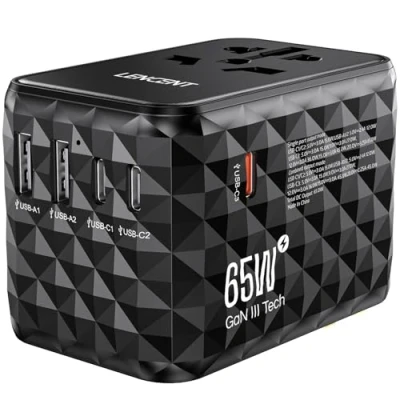 Abbildung von LENCENT Universal Reiseadapter 65W Schnellladung, Internationaler Reisestecker Adapter für Typ A/C/G/I(UK,EU,AU,US) Steckdosen, 2 USB A &amp; 3 C Schnelles Aufladen Handy, Schwarz