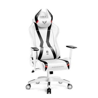 Abbildung von Diablo Gaming Stuhl X Horn 2.0 Bürostuhl Gamer Chair Schreibtischstuhl 3D Armlehnen Ergonomisches Design Nacken/ Lendenkissen Kunstleder Wippfunktion Weiß Normal (L)