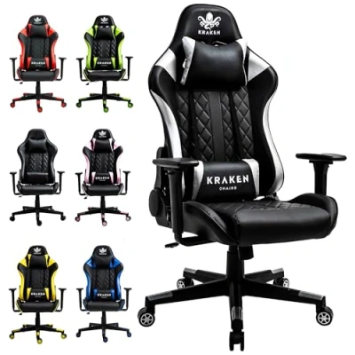 Abbildung von KRAKEN CHAIRS Gaming Stuhl Kunstleder Bürostuhl Schreibtischstuhl Höhenverstellbar Drehstuhl Ergonomischer Verstellbare Armlehne Lenden Kissen Schwarz Silber