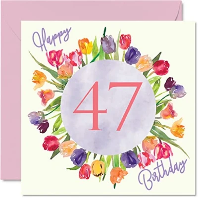 Abbildung von Schöne Geburtstagskarte zum 47. Geburtstag für Frauen Aquarell Tulpen, Blumenstrauß Happy Birthday Karte Ihre Mutter, Tante, Schwester, Freund, Geburtstagsgeschenk, 145 mm x