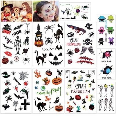 Abbildung von HOWAF Halloween Tattoos für Kinder, Spinne Skelett Kürbis Temporäre Tattoo Gesicht Kindertattoos Aufkleber Deko Kinder Mitgebsel Party Zubehör Geschenke