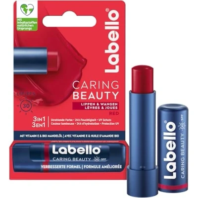 Abbildung von Labello Caring Beauty Red Lippenpflegestift mit Farbe und Sonnenschutz, farbige Lippenpflege LSF 30, Vitamin E Bio Mandelöl, Lippenbalsam für Lippen Wangen (4,8 g)