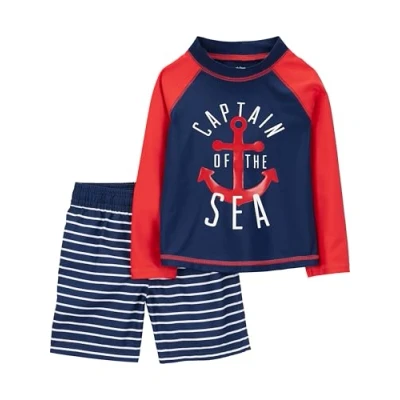 Abbildung von Simple Joys by Carter&#039;s Baby Jungen Swimsuit Trunk and Rashguard Rash Guard Set, Marineblau Rot Anker/Weiß Streifen, 12 Monate
