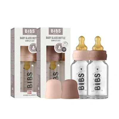 Abbildung von BIBS Baby Glass Bottle 110ml, 2er Pack, Vermindert Koliken, Runder Sauger aus Naturkautschuklatex, Unterstützt das Stillen, Complete Set 110 ml (Pack of 2), Blush/Woodchuck