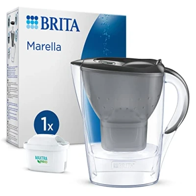 Abbildung von BRITA Wasserfilter Kanne Marella graphit (2,4l) inkl. 1x MAXTRA PRO All in 1 Kartusche Tischwasserfilter zur Reduzierung von Kalk, Chlor, Blei, Kupfer &amp; geschmacksstörenden Stoffen im Trinkwasser
