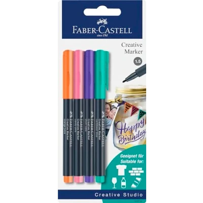 Abbildung von Faber Castell 160704 Creative Marker Set, 4 Permanent Marker, Stifte Set für Papier, Glas, Kunststoff uvm.