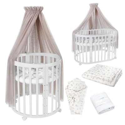 Abbildung von Waldin Oval Baby Bett Mitwachsend Komplett Set 7in1, Gitterbett, Kinderbett mit Matratze, Wickelkommode, Beistellbett, Holz Weiß, Stoffe Taupe Zweige