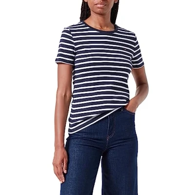 Abbildung von Tommy Hilfiger Damen T Shirt Kurzarm Slim Cody Rib C Neck Fit, Mehrfarbig (Breton Desert Sky/Ecru), M