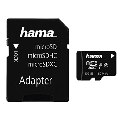 Abbildung von Hama microSD Karte, Memory Fast, + Adapter/Foto, Class 10 UHS I 80MB/s Speicherkarte (256 GB, 10, 80 MB/s Lesegeschwindigkeit)