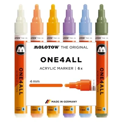 Abbildung von Molotow One4All 227HS Acryl Marker Pastel Modern Set (4,0 mm Strichstärke, hochdeckend und permanent, schnell trocknend, nachfüllbar, für fast alle Untergründe) 6 Stück sortiert