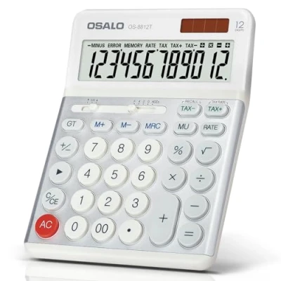 Abbildung von OSALO Taschenrechner Metall Panels Standard Tischrechner 12 stelliger Steuerberechnung große Tasten LCD Disply Solar und Batterie Dual Power Rechner für Büros (OS 8812T)