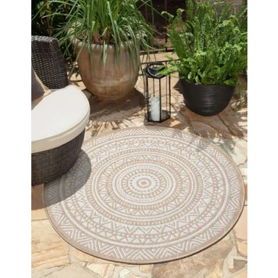 Abbildung von the carpet Mistra robuster Teppich, modern, langlebig und pflegeleicht, In Outdoor, Wohnzimmer, ideal für Küche, Flur Wintergarten, flachgewebt, Natur, 160 x cm Rund