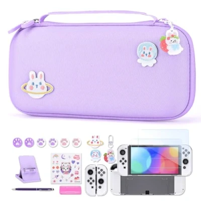 Abbildung von Switch OLED Zubehör Paket 18 in 1 Bundle mit Hülle, Spielehülle, Bildschirmschutz, Ständer, Daumengriffe (Lila)