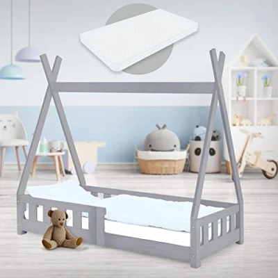 Abbildung von ML Design Kinderbett Tipi 70x140 cm Hellgrau mit Matratze, Rausfallschutz &amp; Lattenrost, aus Kiefernholz, Indianer Bett Massivholz für Mädchen Jungen, Hausbett Zaun, Jugendbett Spielbett Holzbett