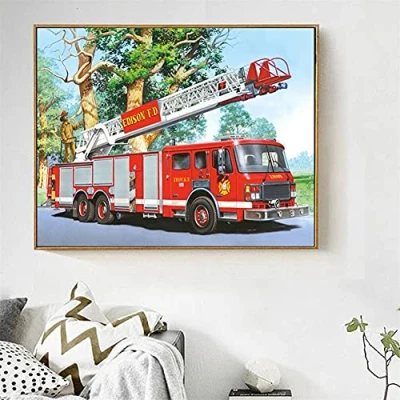 Abbildung von 5D DIY Diamond Painting Voll Kits,Feuerwehrauto Diamant Gemälde Erwachsene/Kinder Kristall Strass Stickerei Kreuzstich Große Leinwand Mosaik Malerei Art Crafts Home Wall Decor Gift Round Drill,30x40cm