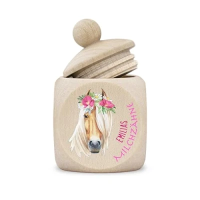 Abbildung von Zahndose Milchzähne Mädchen modern Dose Holz personalisiert Druck Name Pferd