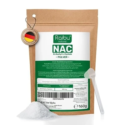 Abbildung von Raibu NAC Pulver 160g pro Beutel I 6 Monatsvorrat Acetyl L Cystein in hoher Bioverfügbarkeit N Pulver, rein und ohne Zusätze Deutschland produziert