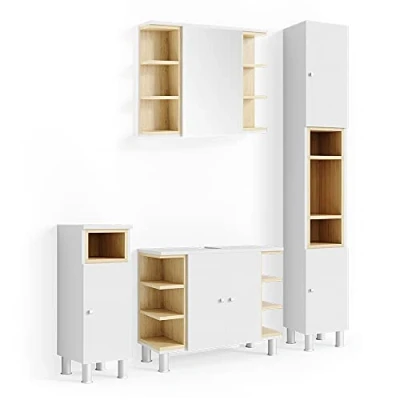 Abbildung von Vicco Badmöbel Set Aquis, Weiß/Eiche, 4 Teile, (4 er Set, St., Badschrank,Spiegelschrank,Waschtischunterschrank,Midischrank)
