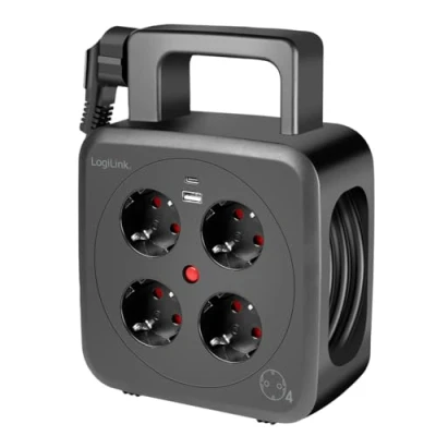 Abbildung von LogiLink LPS504 Kabeltrommel 5m mit 4X Steckdosen (Schutzkontakt Buchsen), 1x USB A und C, IP20 Schutzklasse Thermischer Überlastschutzschalter