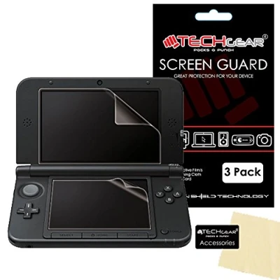 Abbildung von TECHGEAR [3 Stück Displayschutz für Nintendo 3DS XL 2014 Ultra Klare Schutzfolie [Oben + Unten] mit Reinigungstuch Applikationskarte