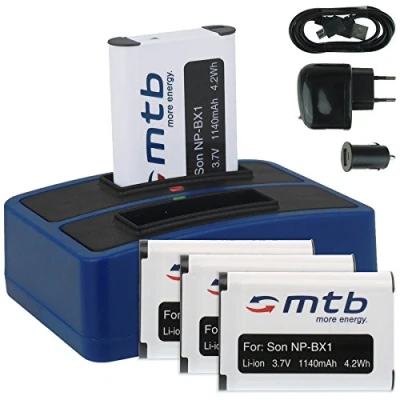 Abbildung von 4X Akku + Dual Ladegerät (Netz+Kfz+USB) kompatibel mit Sony NP BX1 / Action Cam FDR X1000V, X3000R HDR AS200V, AS100V, AS50, AS30(V), AS10... s. Liste