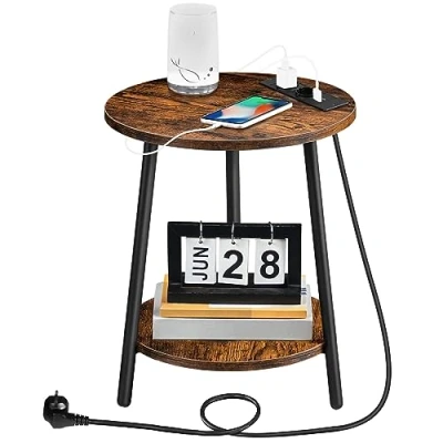 Abbildung von HOOBRO Beistelltisch mit Ladestation, runder Couchtisch 2 Ebenen, Wohnzimmertisch, Nachttisch für kleine Räume, Sofatisch Wohnzimmer, Schlafzimmer, Vintagebraun und Schwarz EBF67CBZ01