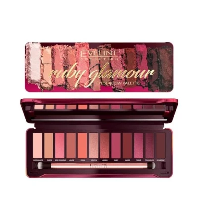 Abbildung von Eveline Cosmetics Ruby Glamour Lidschattenpalette 12 Nuancen inspiriert von Edelsteinen, mischbare matte und metallische Finishes mit doppelseitigem Pinsel