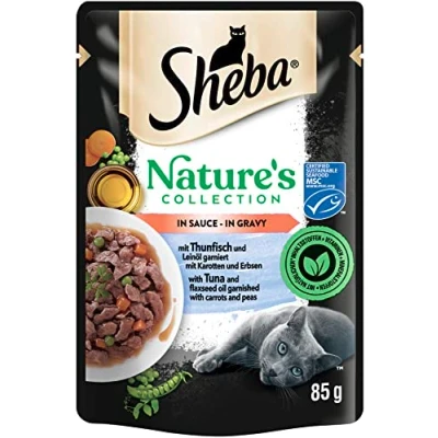 Abbildung von Sheba Nature&#039;s Collection in Sauce mit Thunfisch und Leinöl garniert Karotten Erbsen