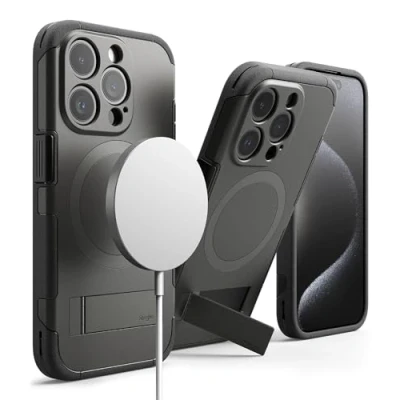 Abbildung von Ringke Alles Magnetic Case Kompatibel mit iPhone 15 Pro Hülle MagSafe [Kameraschutz und Faltbarer Ständer] Verbesserte Griffigkeit Magnetische Handyhülle Gun Metal