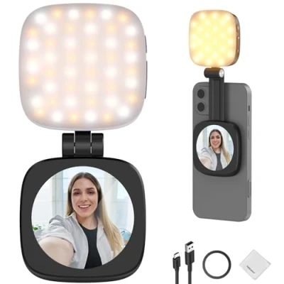Abbildung von NEEWER Basics Magnetisches Selfie Licht Kompatibel mit iPhone MagSafe, Mini LED Tisch Telefonständer Fill Ringlicht Spiegel/Reinigungstuch für Zoom Makeup Aufnahme Video Konferenz, Schwarz NL48B