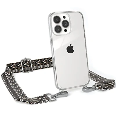 Abbildung von EAZY CASE Handykette Verstellbarer Gurt kompatibel mit iPhone 13 Pro, Schulterriemen, Flache Kordel, Handykordel Hülle, Hülle Kette, Anthrazit/Schwarz Metall Silber