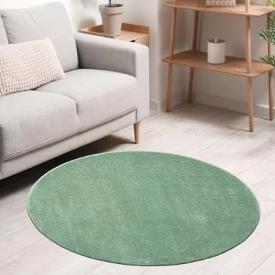 Abbildung von VIMODA Teppich rund Wohnzimmer Kurzflor Einfarbig für Schlafzimmer kinderzimmer weich Rund, Farbe:Grün, Size:160 cm Round