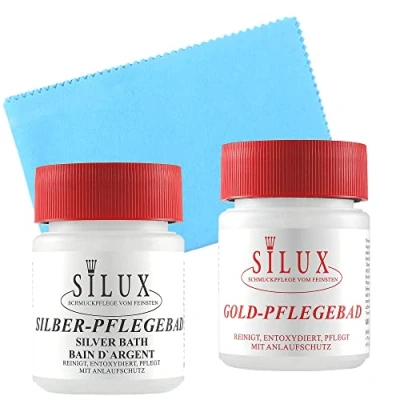 Abbildung von Silberbad und Goldbad mit Poliertuch für Schmuck 2x 200 ml Made in Germany Silberreiniger Schmuckreiniger Profi Silber Reiniger Silberputzmittel
