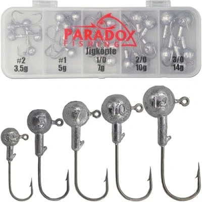 Abbildung von Paradox Fishing Jigköpfe Set (3,5g/5g/7g/10g/14g) 25 teilig je 5/4 Jighaken I Jig Köpfe Jighead Jigkopf für Gummifische Zander