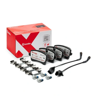 Abbildung von BREMBO P 85 150X Bremsbelagsatz inkl. Verschleißwarnkontakt mit Bremssattelschrauben Zubehör AUDI: A6 C7 Avant, A7 Sportback, A4 B8 Avant